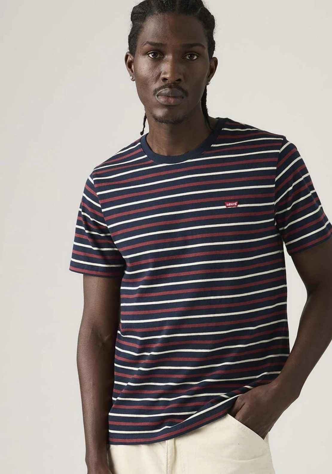 Levis Original Housemark Logo Andor Stripe T-Shirt - Navy 1 Shaws Department Stores