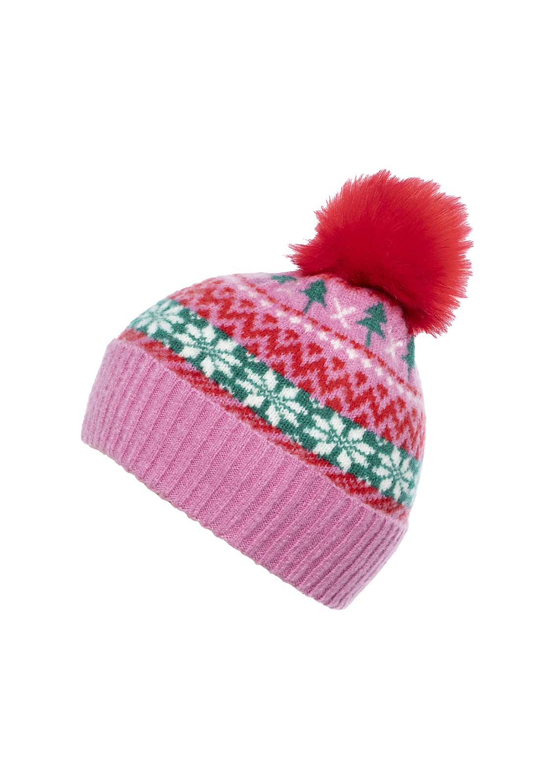 Boardmans Beanie Wth Faux Fur Pom - Pink Multi 1 Shaws Department Stores