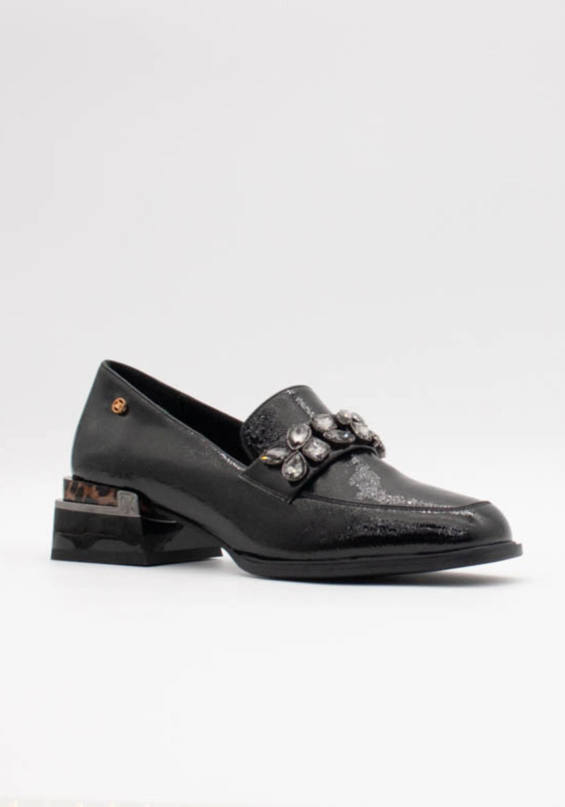 Diamante Square Toe Heeled Loafer - Ink Patent
