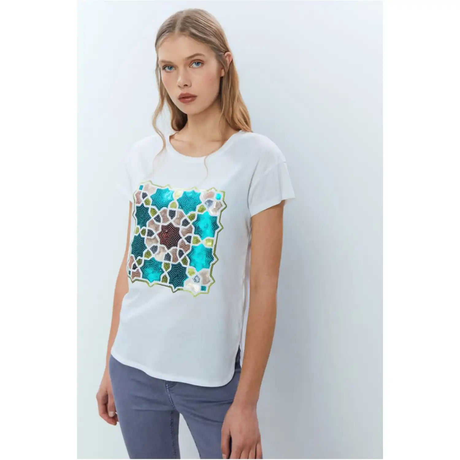 Sfera Sequined T-Shirt - White 2 Shaws Department Stores