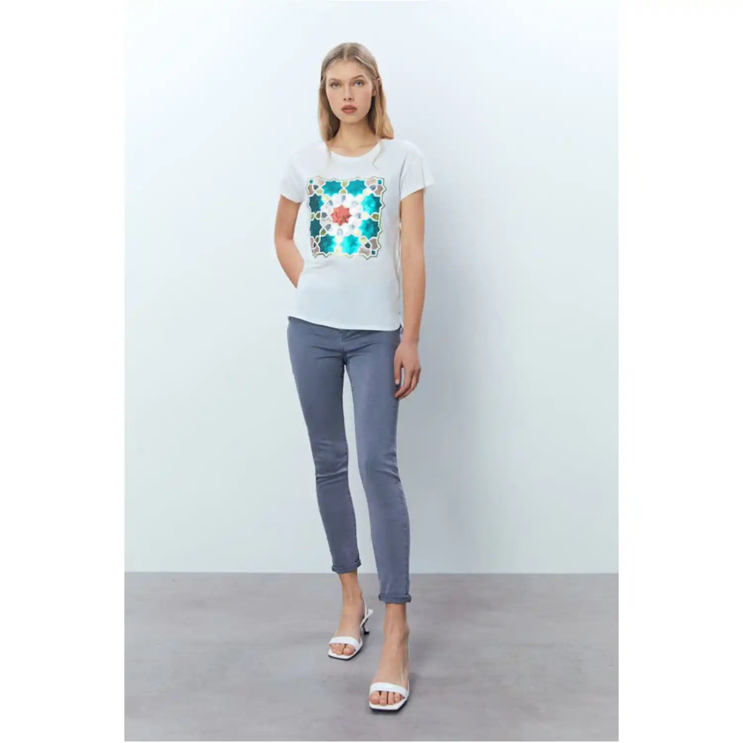 Sfera Sequined T-Shirt - White 3 Shaws Department Stores