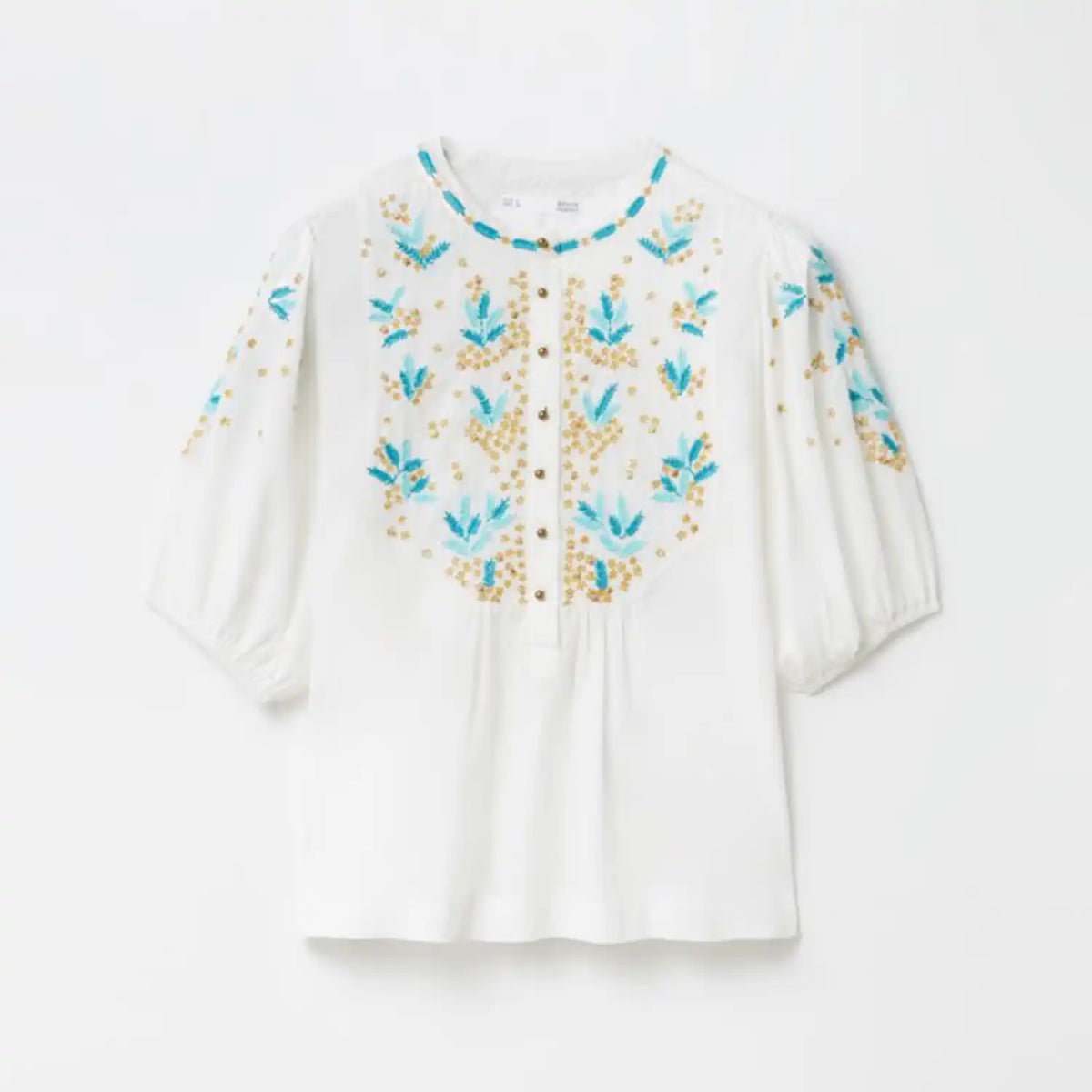Embroidered-front Blouse - Blue and Gold Design