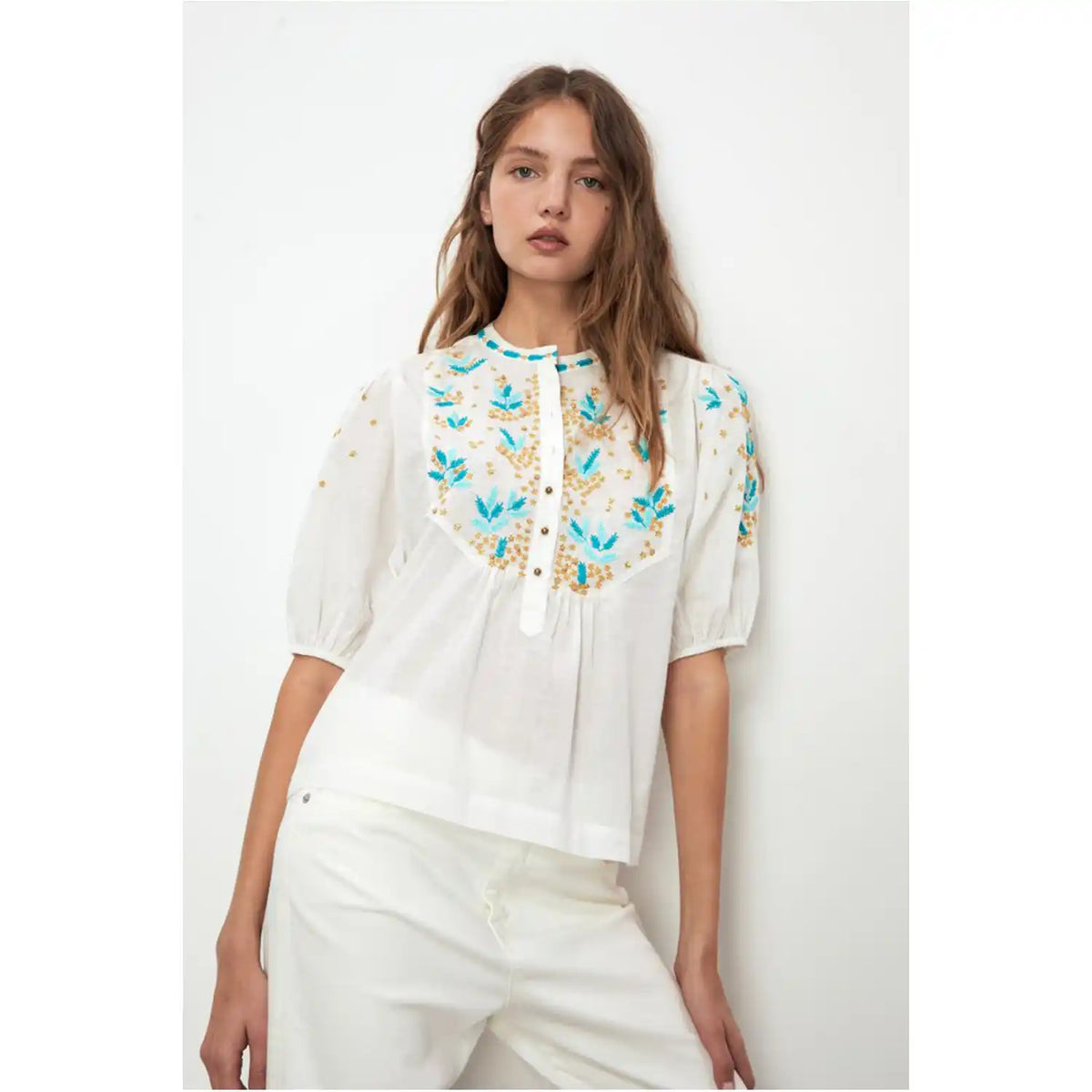 Embroidered-front Blouse - Blue and Gold Design