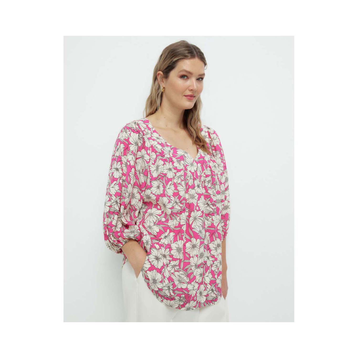 Couchel Printed French Sleeve Blouse - Fuchsia 2 Shaws Department Stores