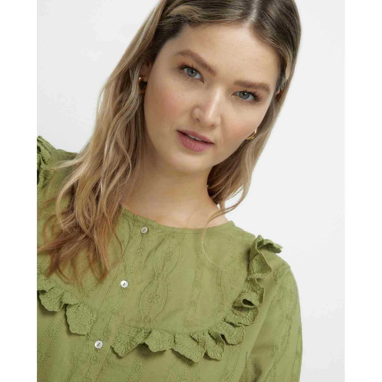 Couchel Long-Sleeve Blouse With Frills On The Chest - Green 1 Shaws Department Stores