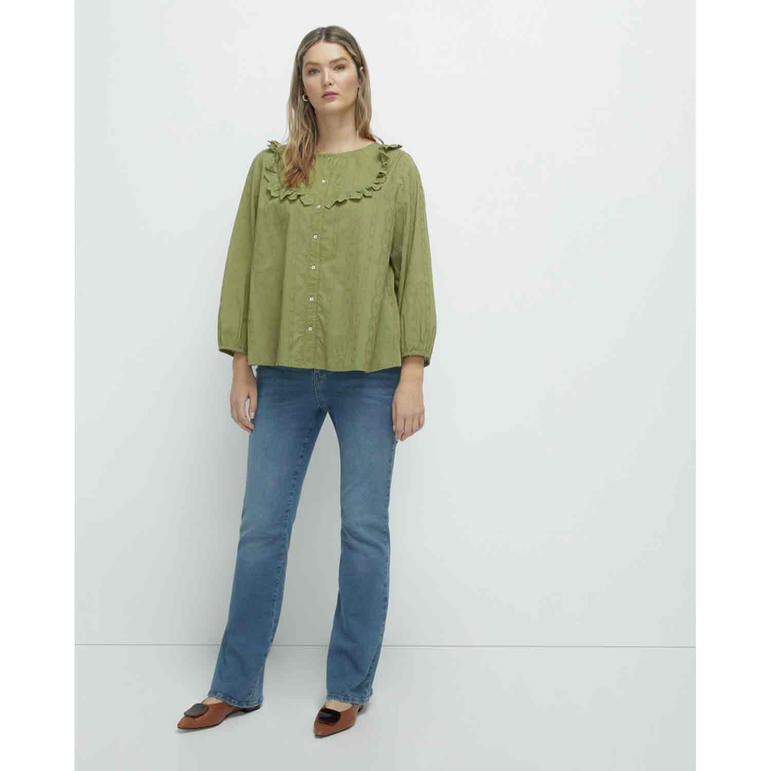 Couchel Long-Sleeve Blouse With Frills On The Chest - Green 3 Shaws Department Stores