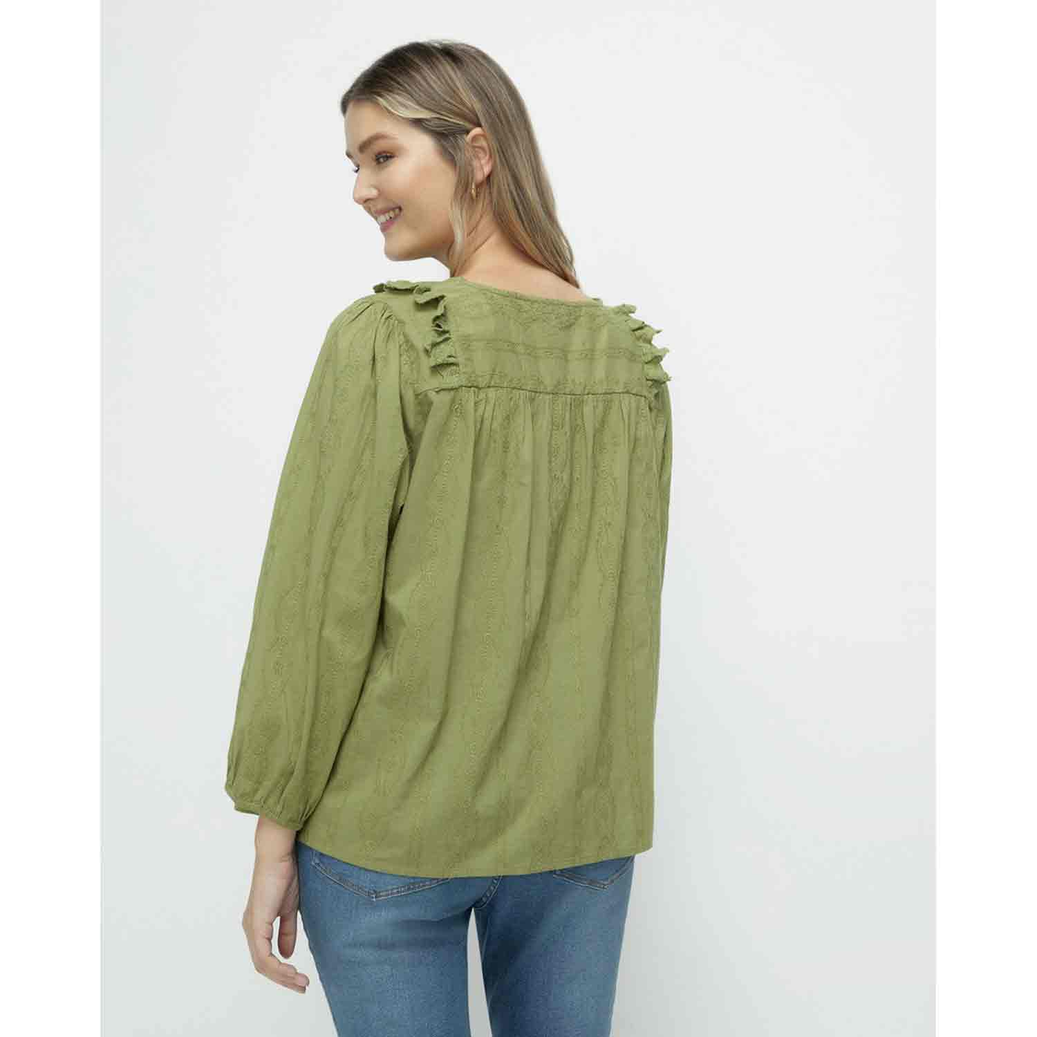 Couchel Long-Sleeve Blouse With Frills On The Chest - Green 2 Shaws Department Stores