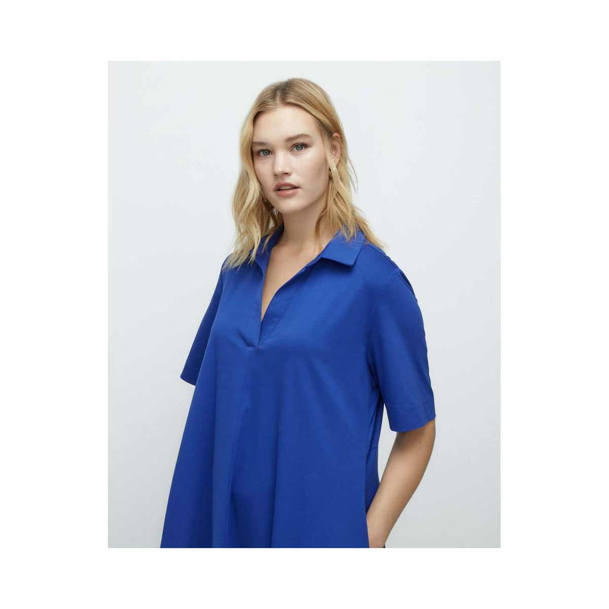 Short Plain-Coloured Mercerised Knit Dress - Blue