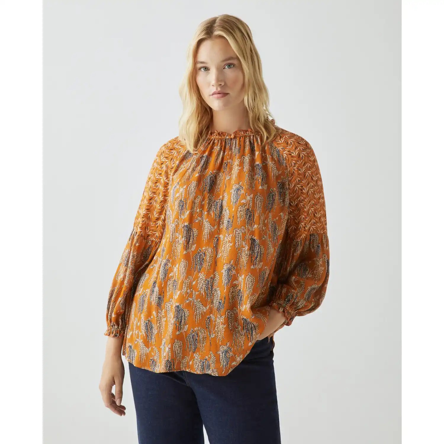 Couchel Leaves Contrast Print Blouse - Mustard 1 Shaws Department Stores