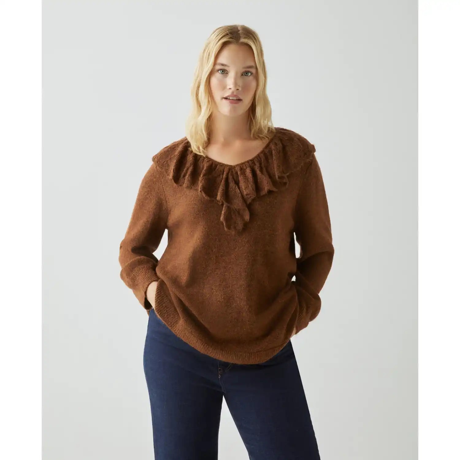 Couchel Tricot Sweater With Ruffle Neck - Brown 1 Shaws Department Stores