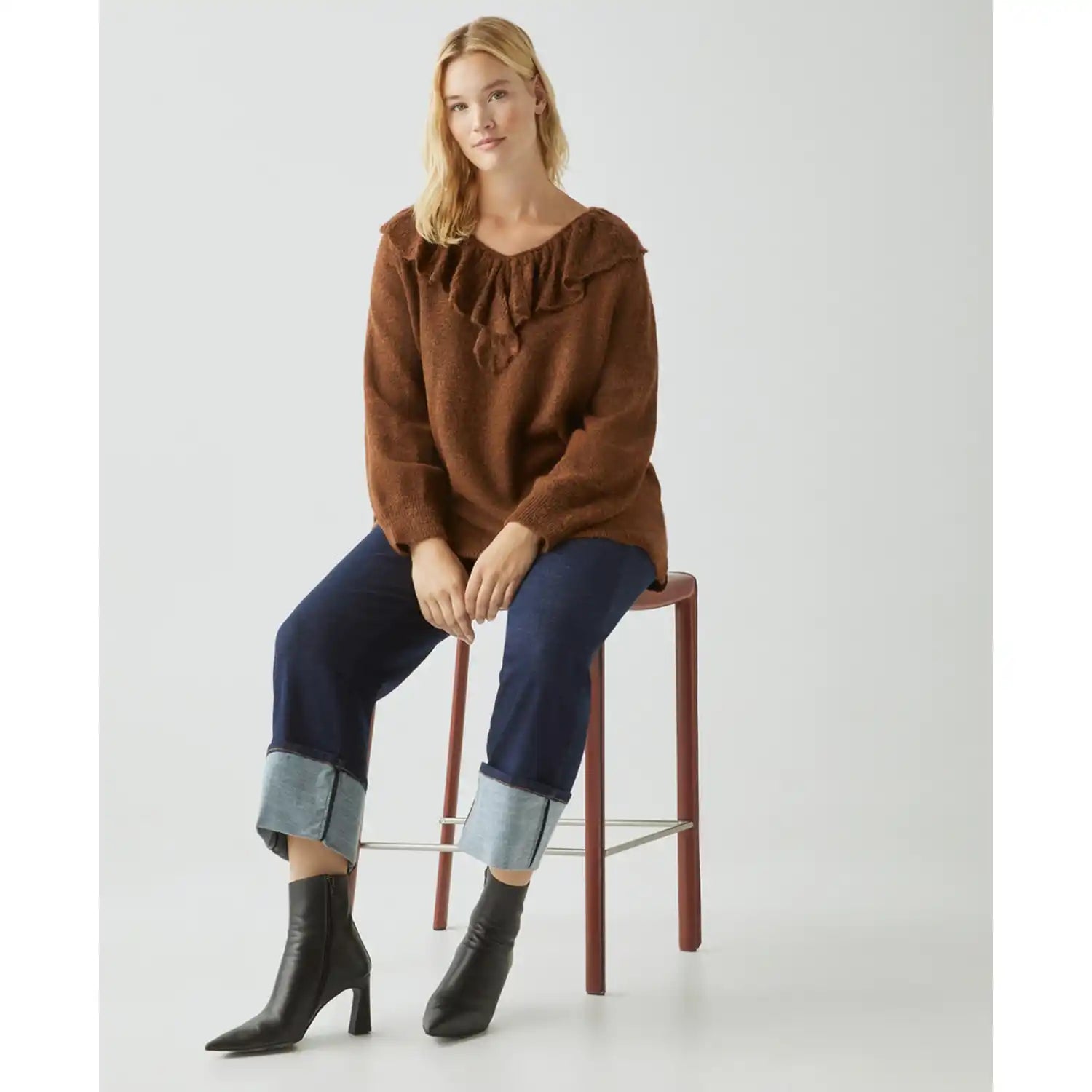 Couchel Tricot Sweater With Ruffle Neck - Brown 2 Shaws Department Stores