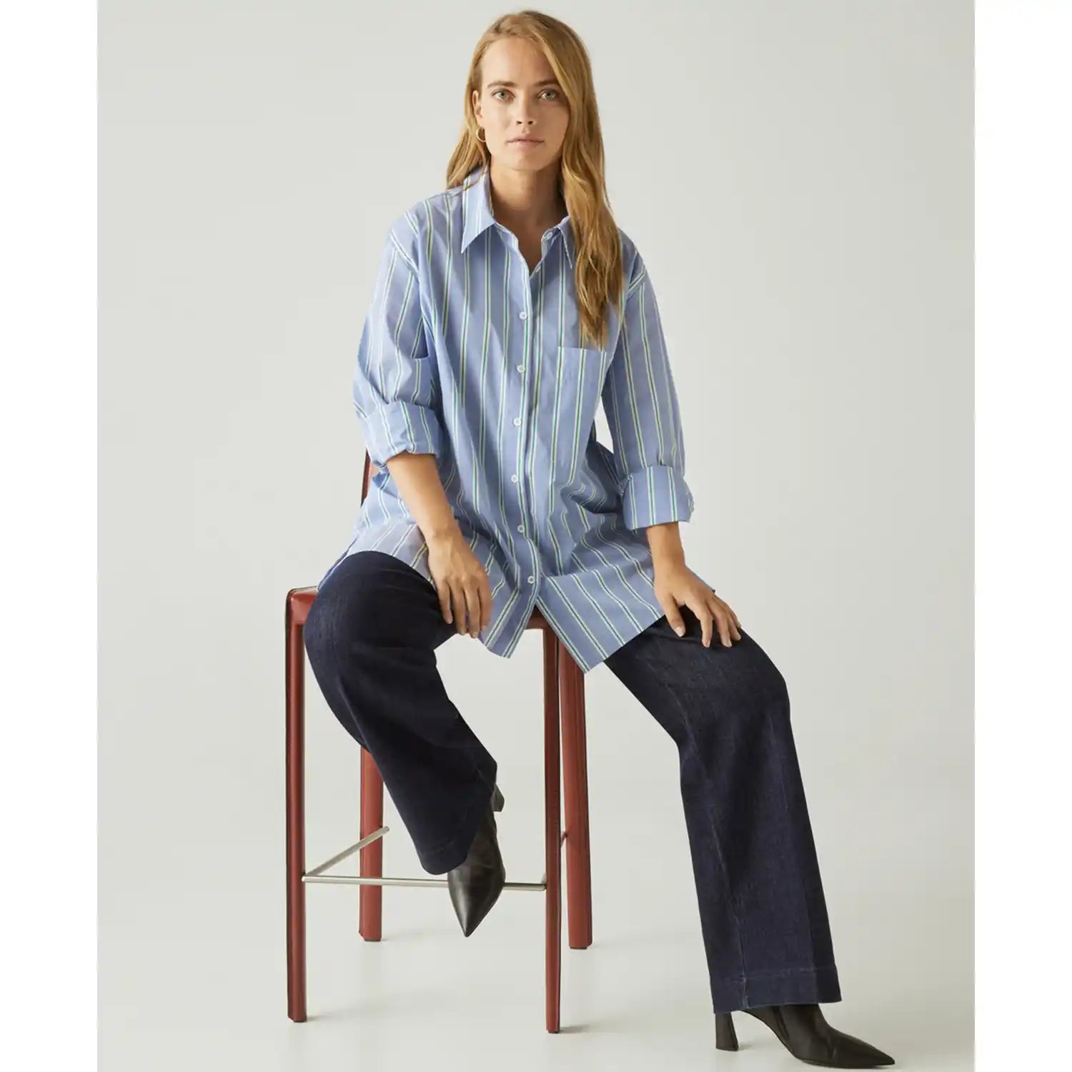 Couchel Striped Cotton Shirt Blouse - Blue 1 Shaws Department Stores