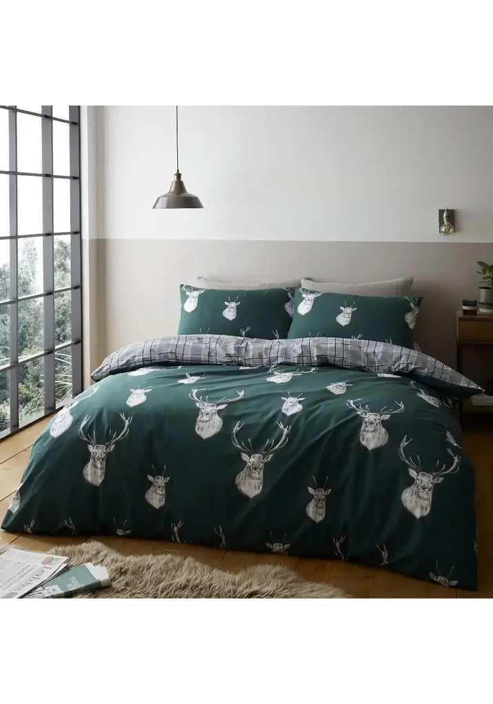  Catherine Lansfield Stag Check Duvet Cover Set With Pillowcases - Green 2 Shaws Department Stores