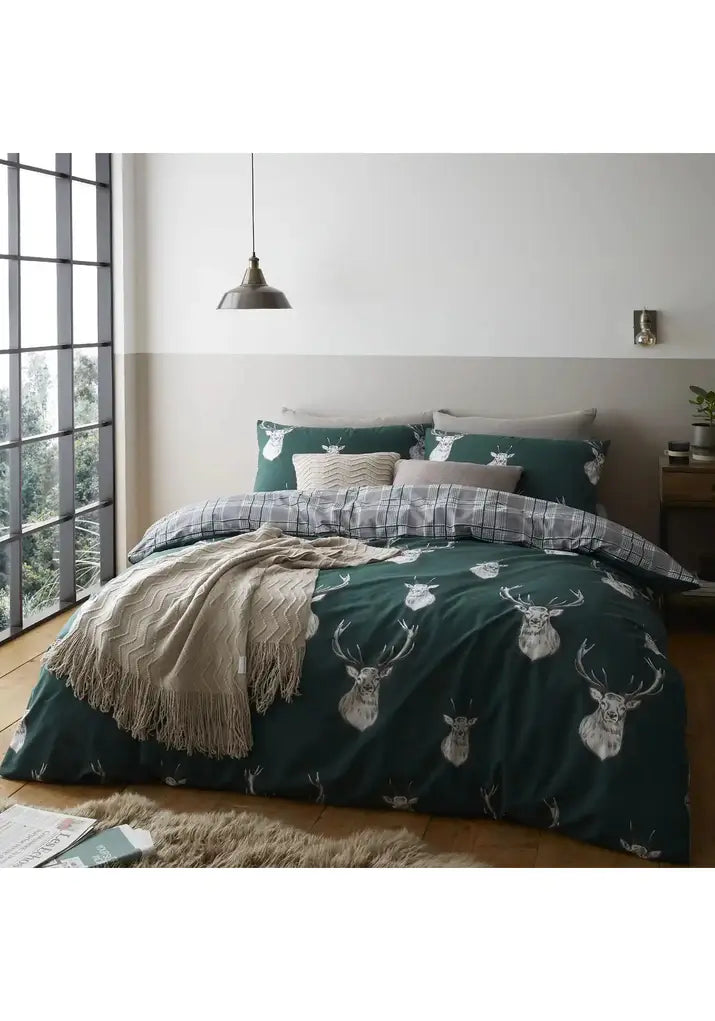  Catherine Lansfield Stag Check Duvet Cover Set With Pillowcases - Green 1 Shaws Department Stores