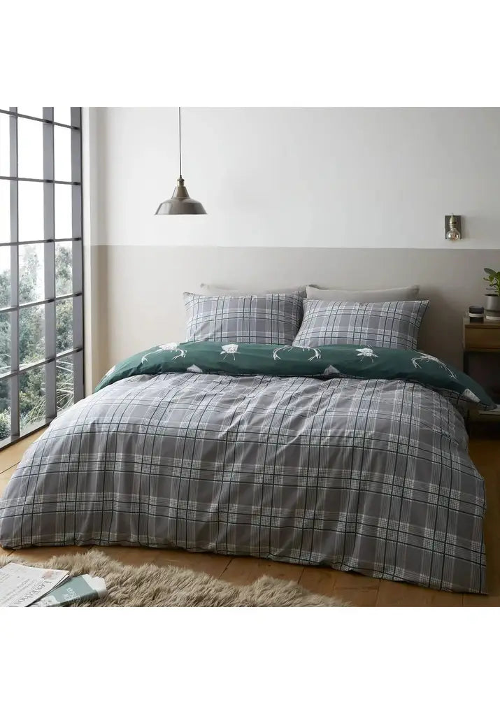  Catherine Lansfield Stag Check Duvet Cover Set With Pillowcases - Green 3 Shaws Department Stores