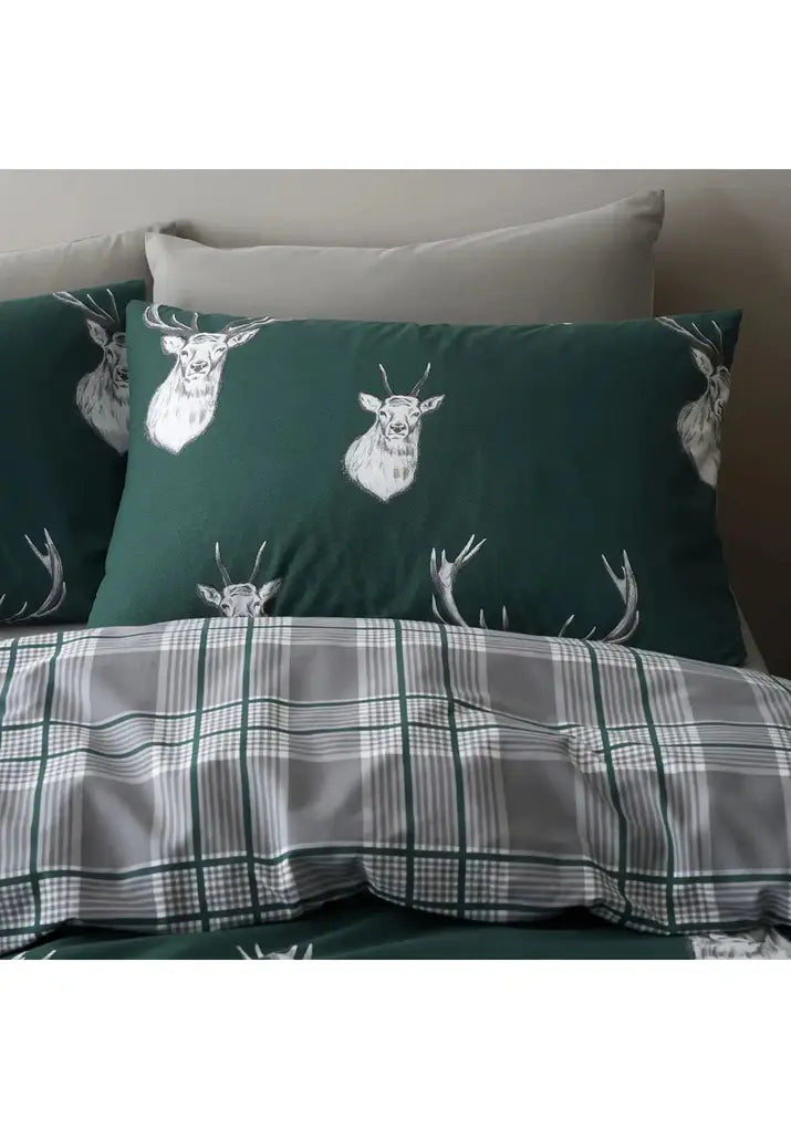  Catherine Lansfield Stag Check Duvet Cover Set With Pillowcases - Green 4 Shaws Department Stores