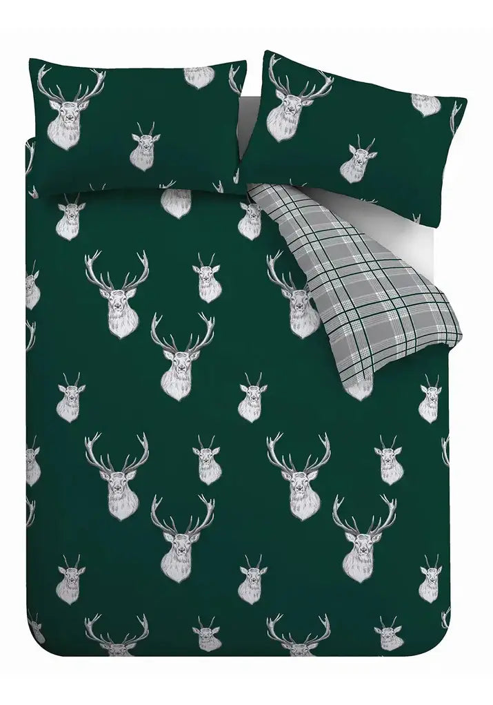  Catherine Lansfield Stag Check Duvet Cover Set With Pillowcases - Green 6 Shaws Department Stores