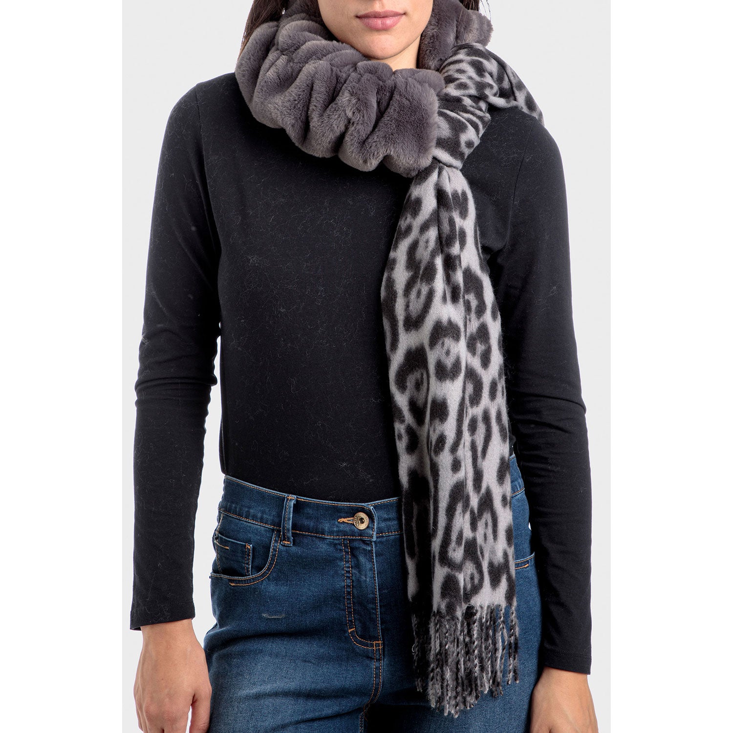 Punt Roma Scarf with Fur Collar - Grey 1 Shaws Department Stores