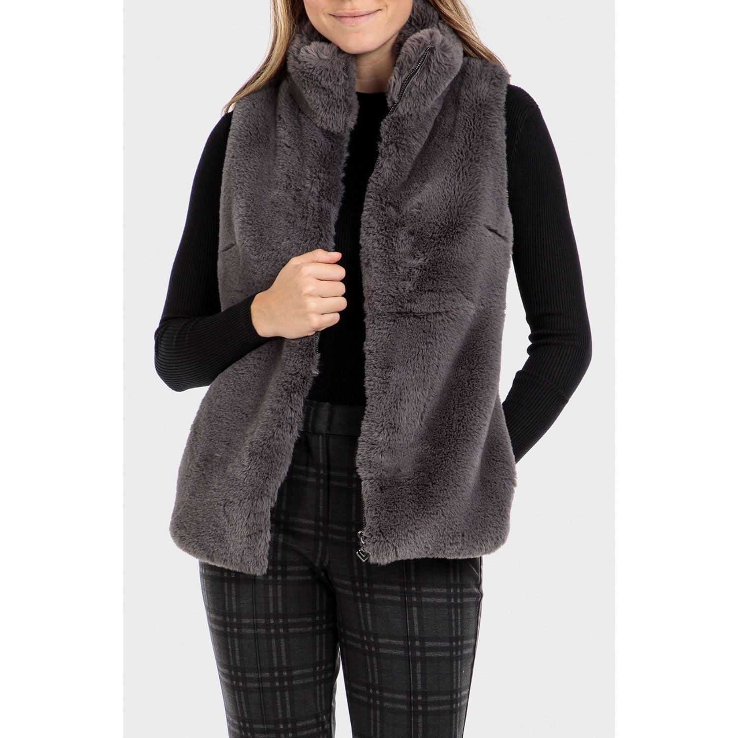 Punt Roma Waistcoat With Faux Fur - Grey 1 Shaws Department Stores
