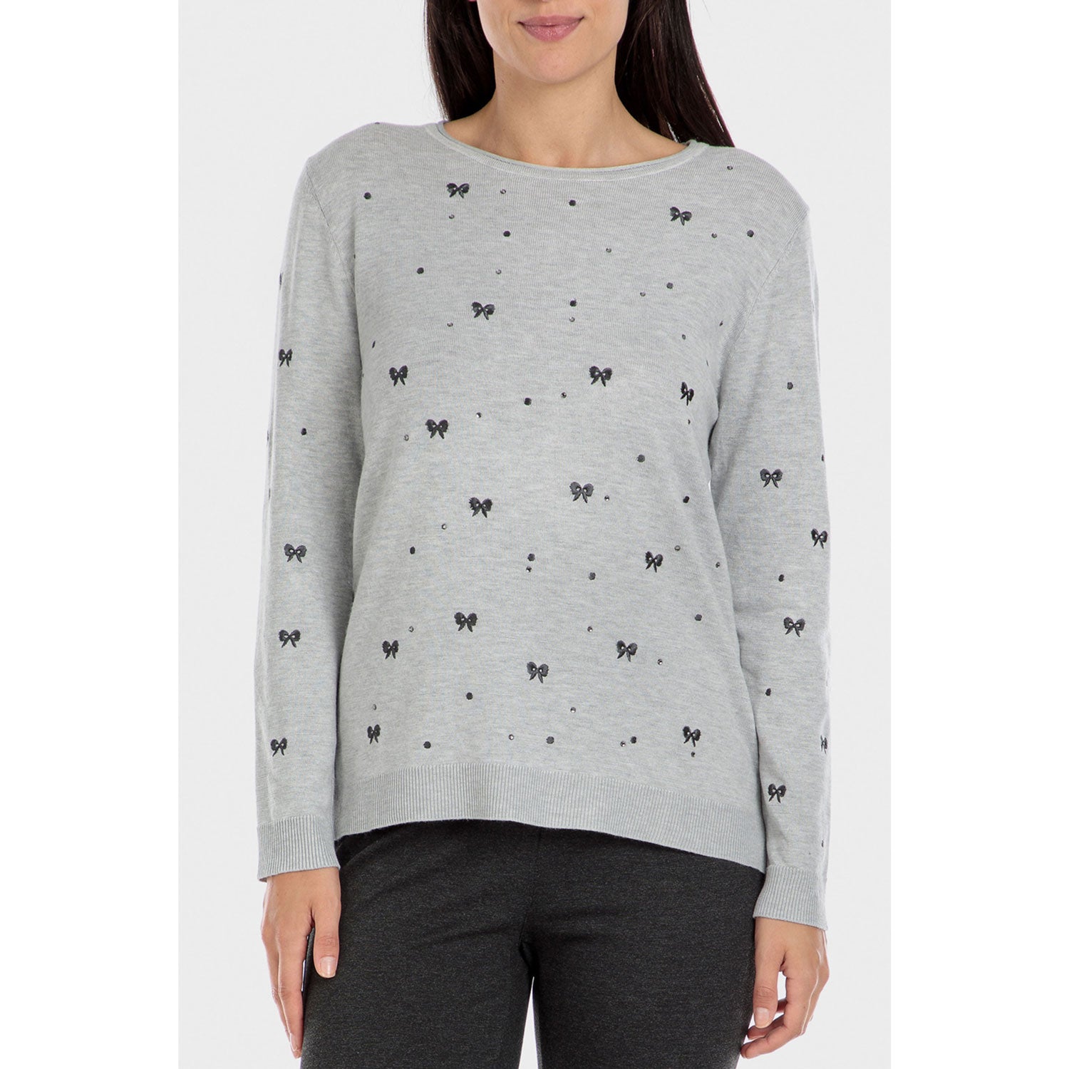 Punt Roma Rhinestone Embroidered Sweater - Grey 1 Shaws Department Stores