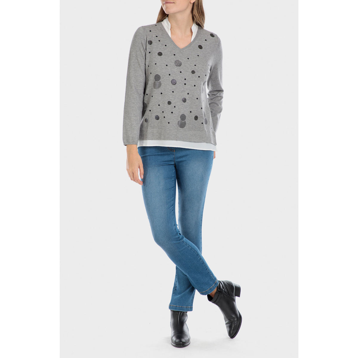 Sweater With Faux Shirt - Grey