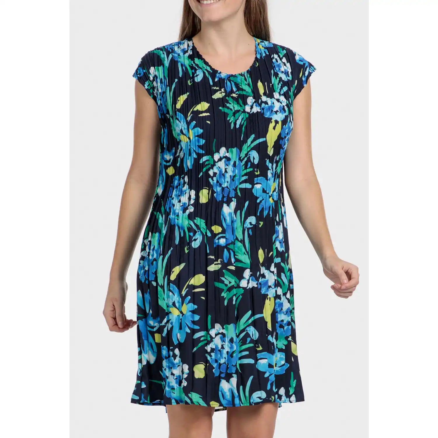Punt Roma Pleated Printed Dress - Blue / Navy 1 Shaws Department Stores