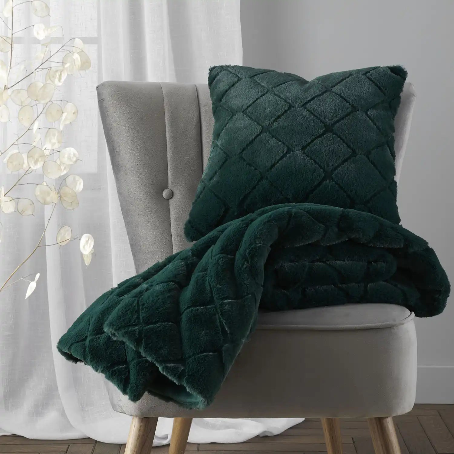 Catherine Lansfield Cosy Diamond Cushion X43 - Green 1 Shaws Department Stores