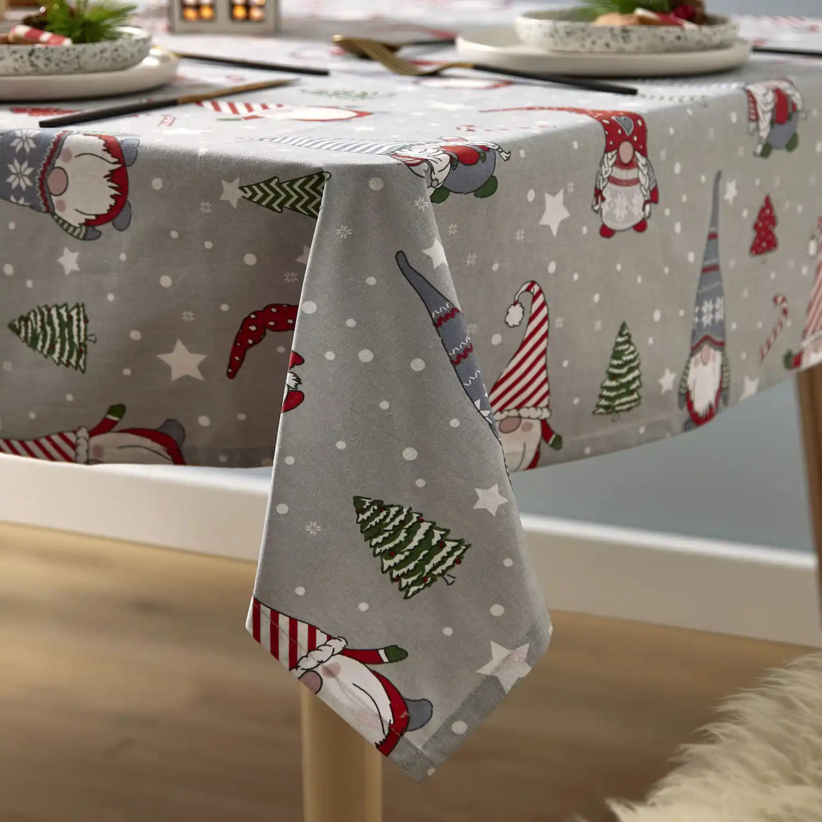 Christmas Gnomes Wipe Clean 132cm x 178cm Table Cloth - Red