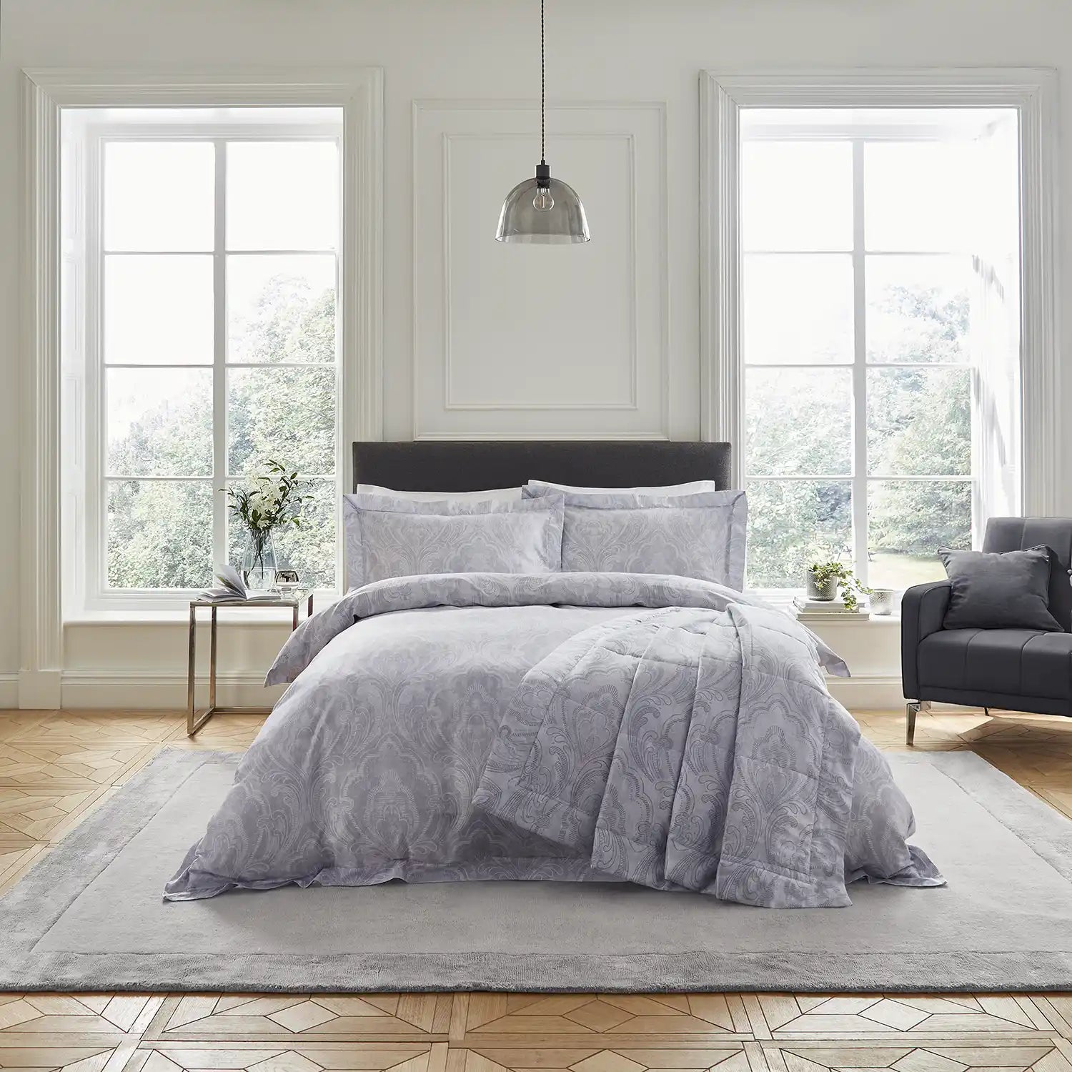 Dorma Aurelia Damask Pillowcase - Grey/White - Oxford Style 2 Shaws Department Stores
