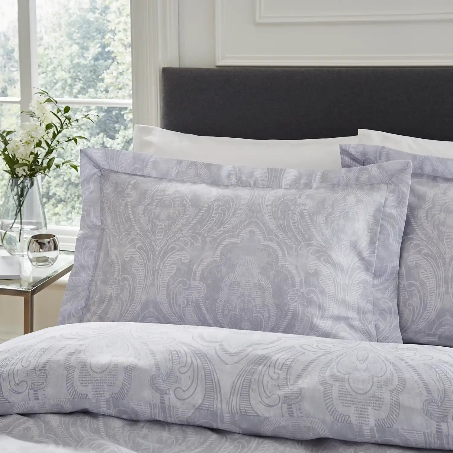 Dorma Aurelia Damask Pillowcase - Grey/White - Oxford Style 1 Shaws Department Stores
