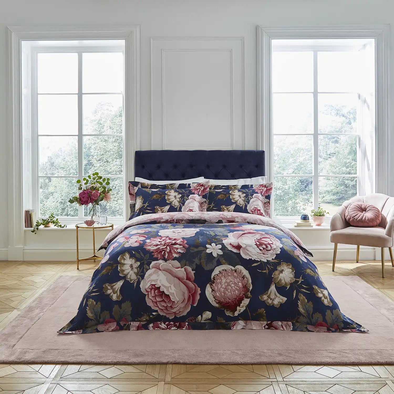  Dorma 300 Thread Count Pure Cotton Sateen Constance Floral Duvet Cover - Navy Floral 1 Shaws Department Stores