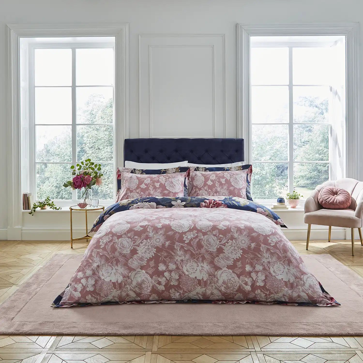 Dorma Constance Floral Bedspread - Navy floral 2 Shaws Department Stores