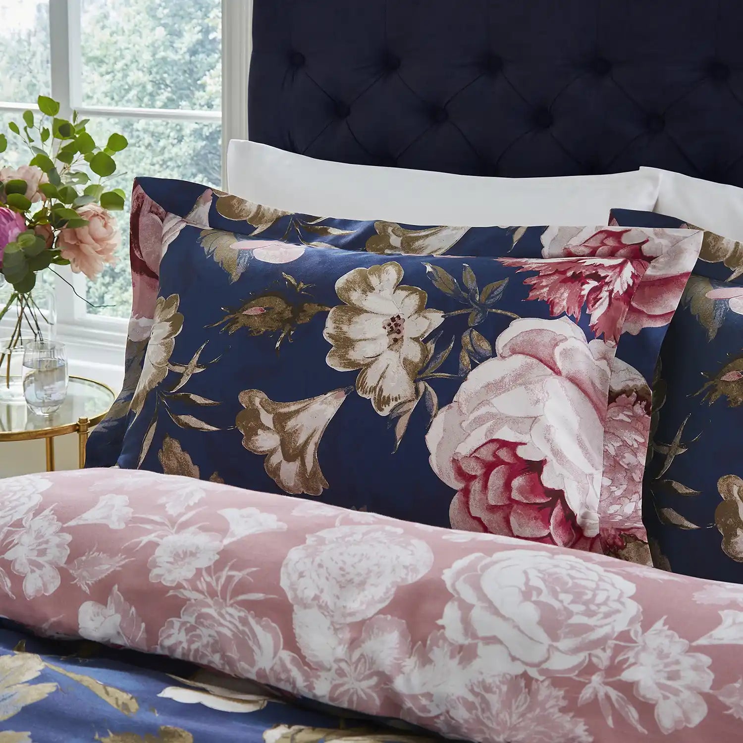 Dorma Constance Floral Pillowcase - Navy/Floral - Oxford Style 1 Shaws Department Stores