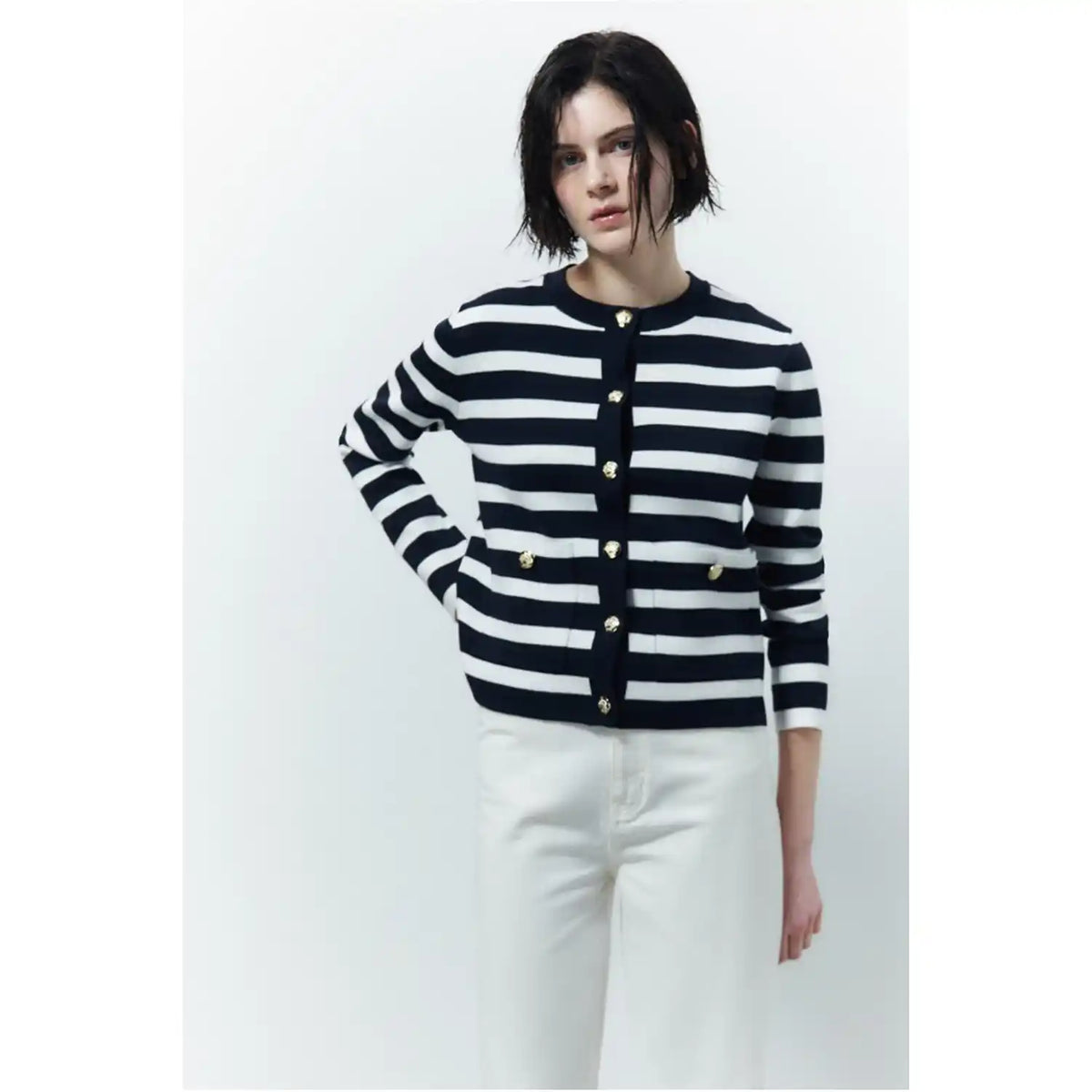 Striped Round-Neck Cardigan - Black and White