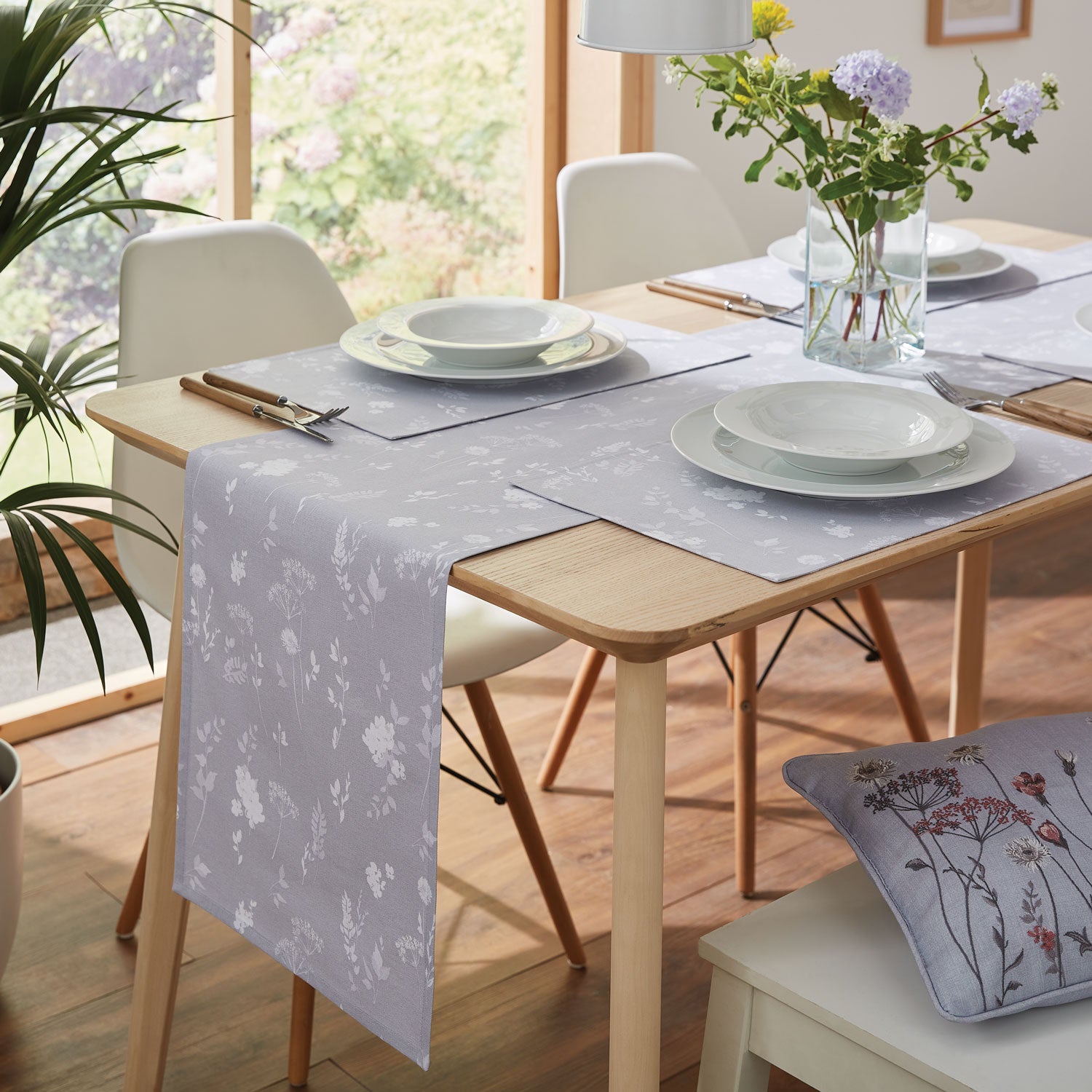 Catherine Lansfield Dining Meadowsweet Floral Table Runner - White / Grey 2 Shaws Department Stores