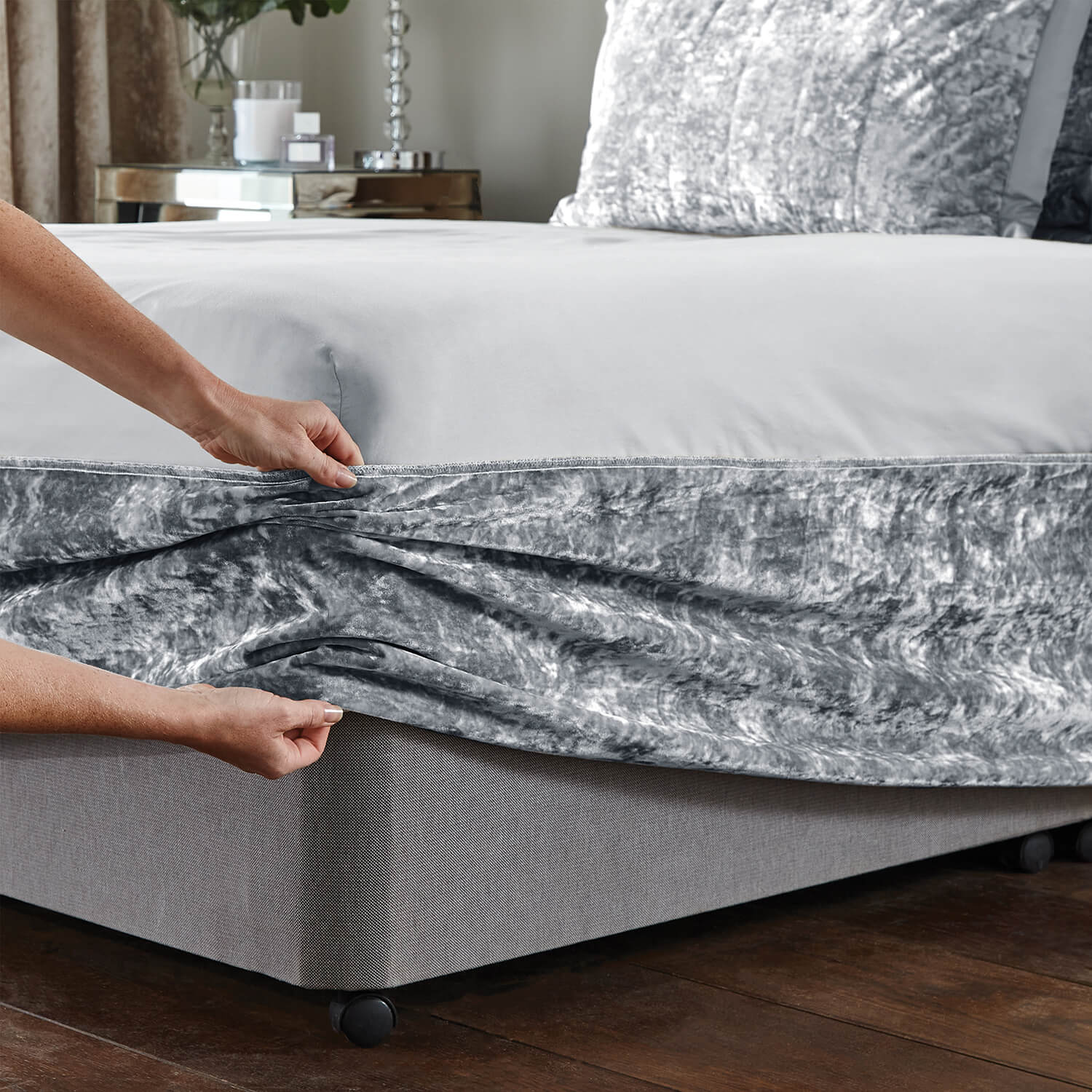 Catherine Lansfield Crushed Velvet Divan Base Wrap - Silver 3 Shaws Department Stores