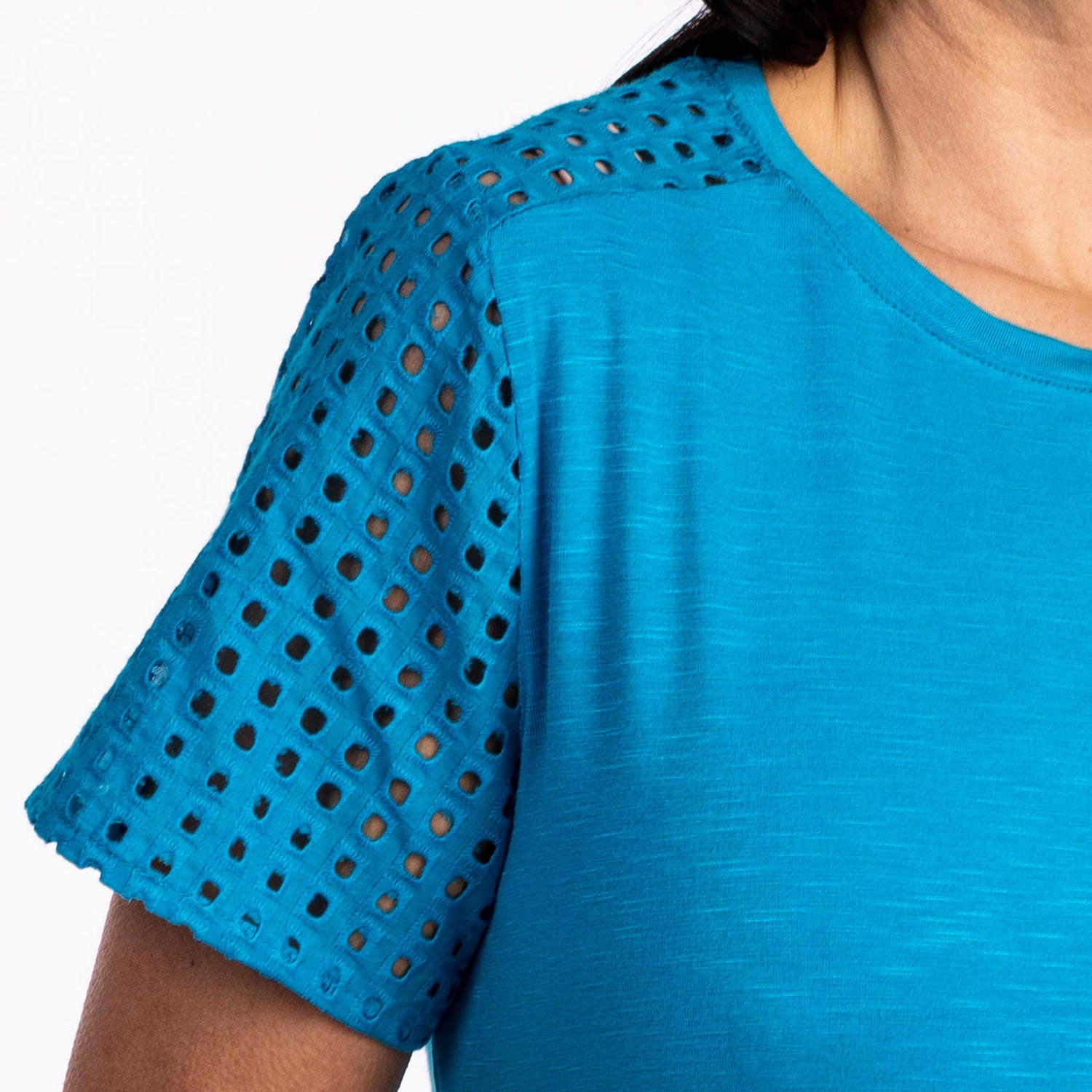 Tea Lane T- shirt with Anglaise Sleeve - Blue 2 Shaws Department Stores