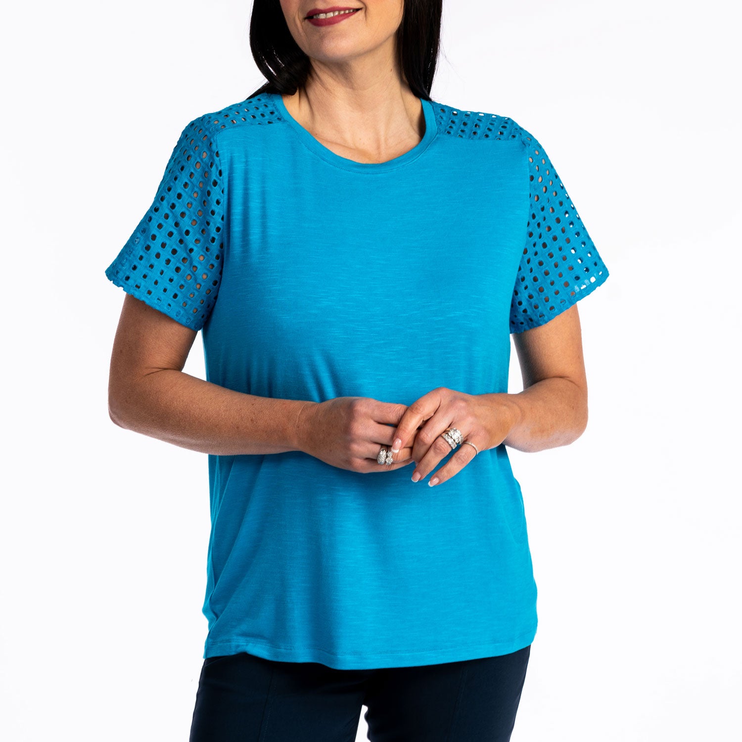 Tea Lane T- shirt with Anglaise Sleeve - Blue 1 Shaws Department Stores