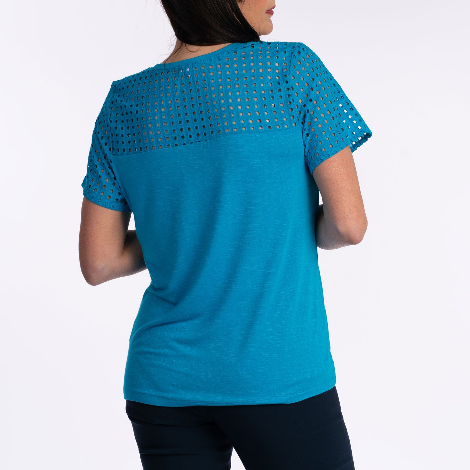 Tea Lane T- shirt with Anglaise Sleeve - Blue 3 Shaws Department Stores