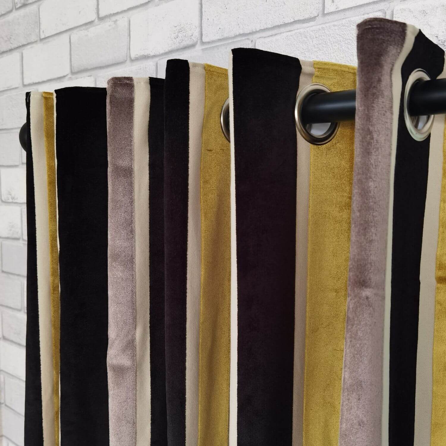 The Home Collection Stripe Velvet Curtains 90&quot; x 90&quot; - Ochre &amp; Black 2 Shaws Department Stores