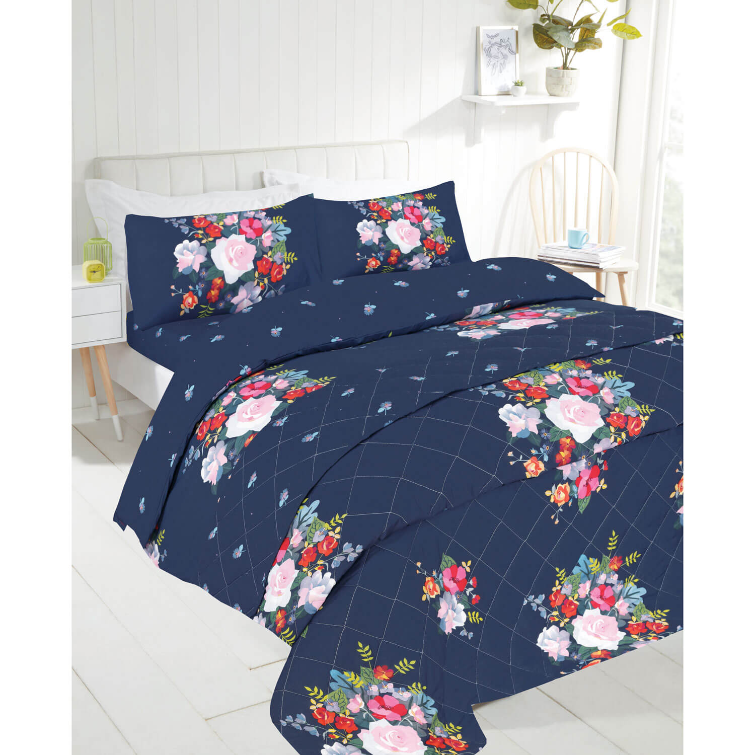 Floral Bedspread - Navy