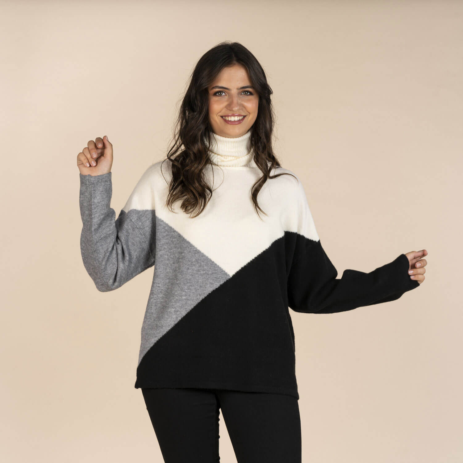 Naoise Tri Colour Sweater - Black, Ivory &amp; Grey 1 Shaws Department Stores