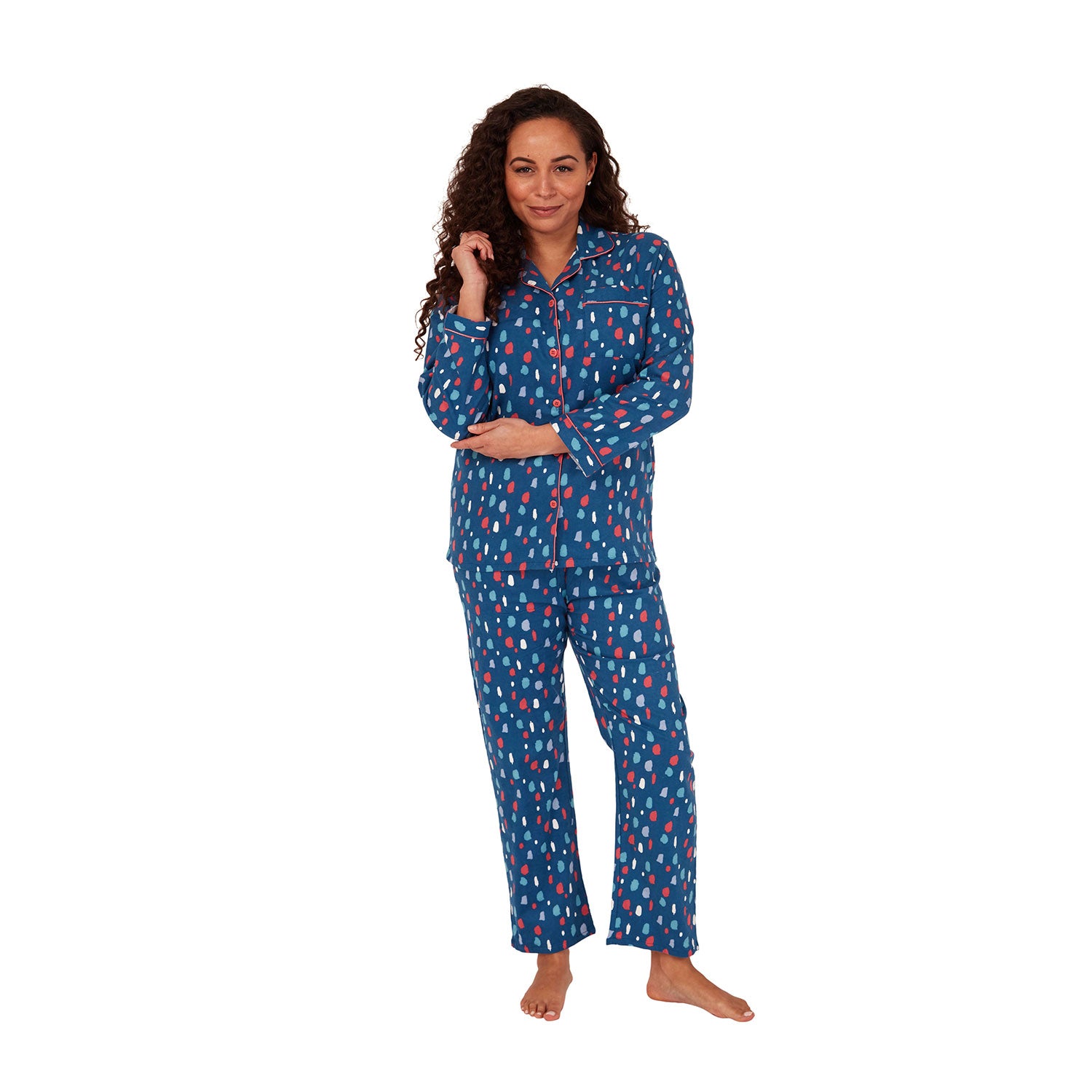 Indigo Sky Splat Spot Brushed Cotton Pyjamas - Ocean Blue 1 Shaws Department Stores