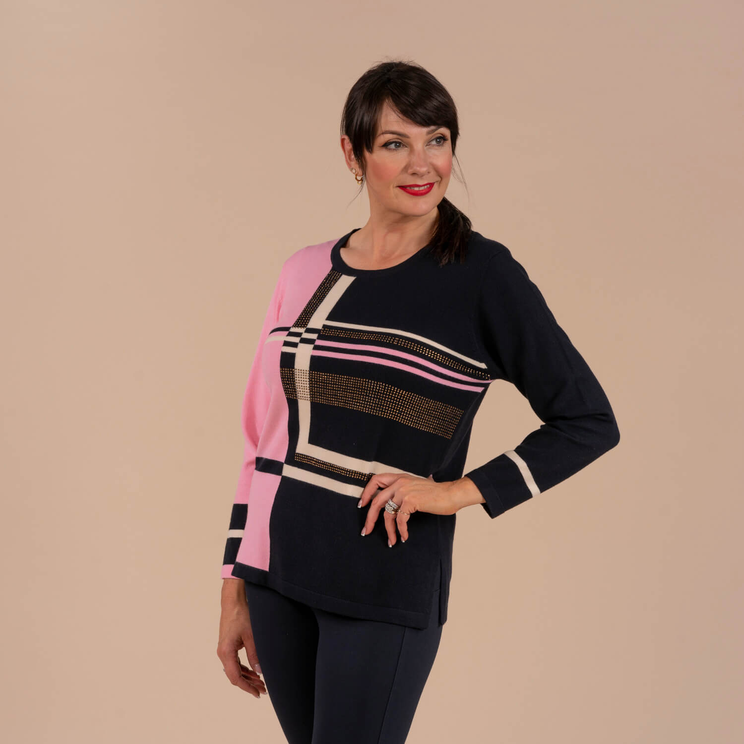 Tea Lane Pink Colourblock Sweater - Pink &amp; Navy 1 Shaws Department Stores