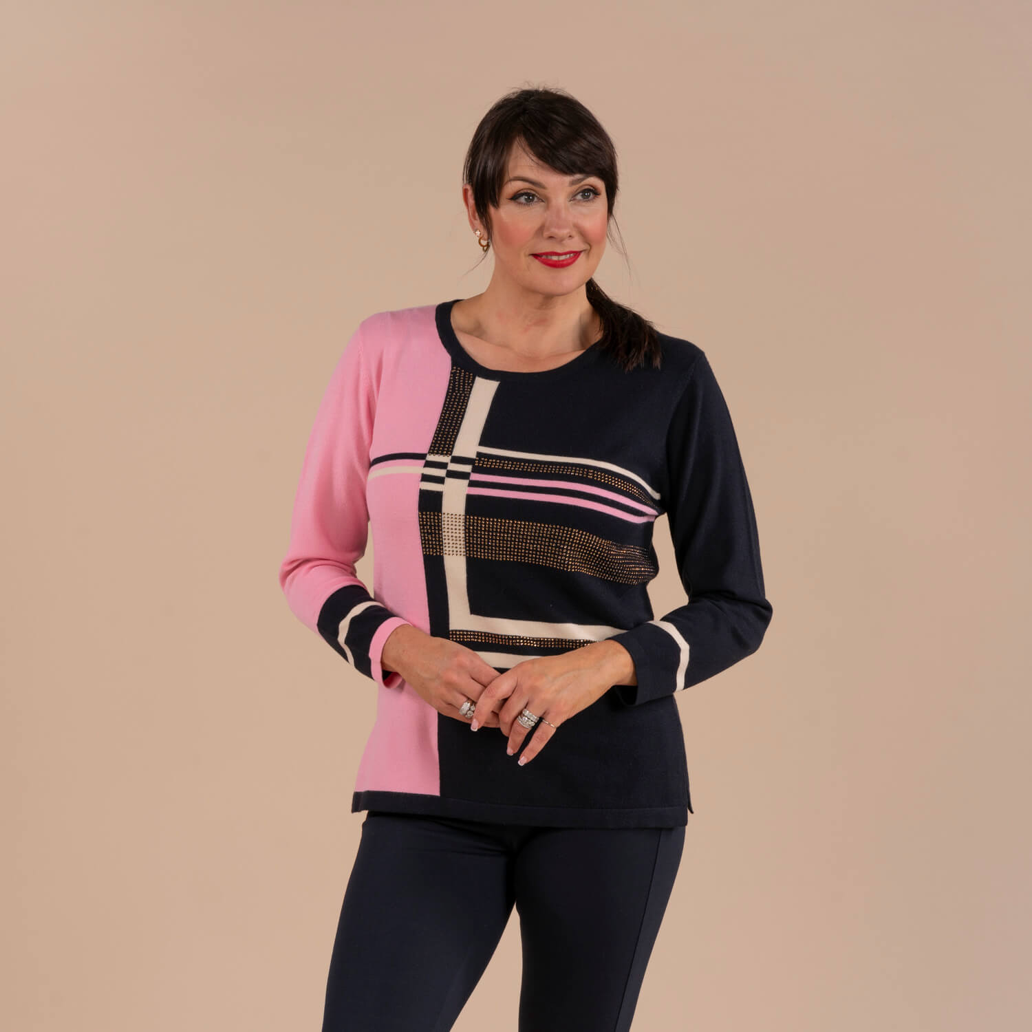 Tea Lane Pink Colourblock Sweater - Pink &amp; Navy 2 Shaws Department Stores