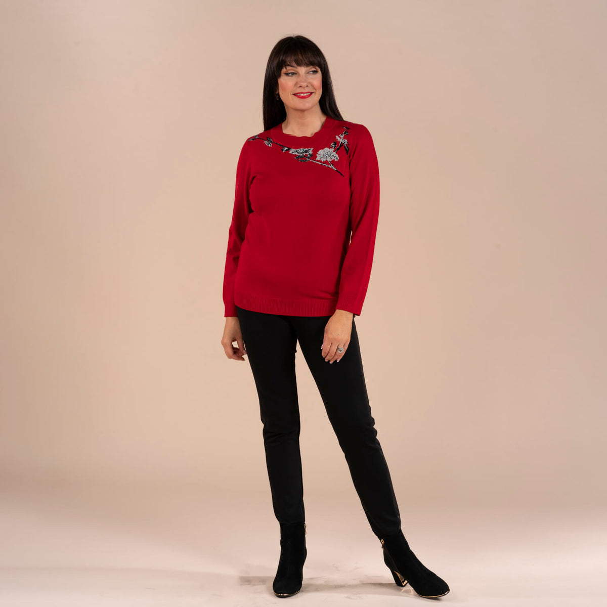 Emb Neck Christmas Sweater - Red