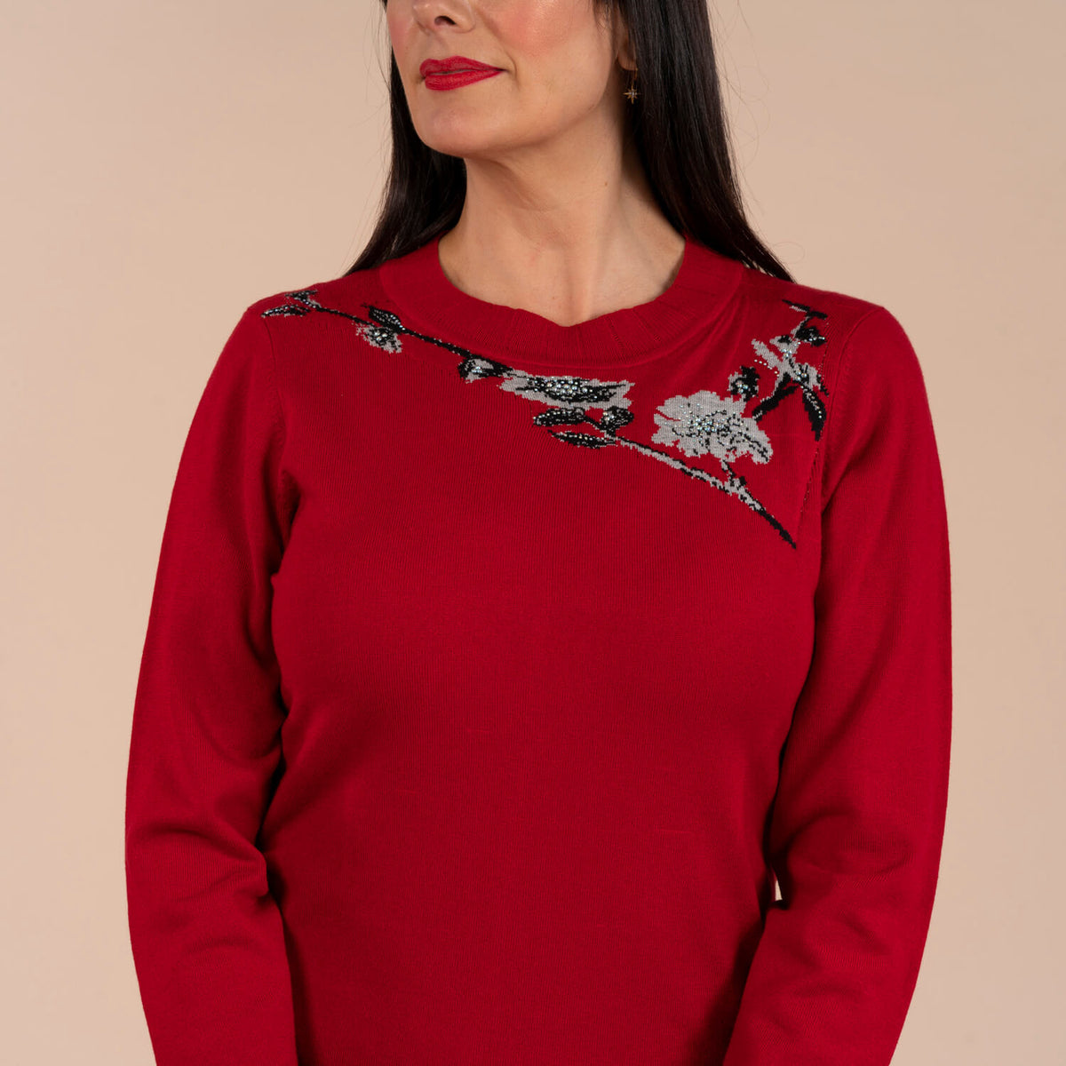 Emb Neck Christmas Sweater - Red