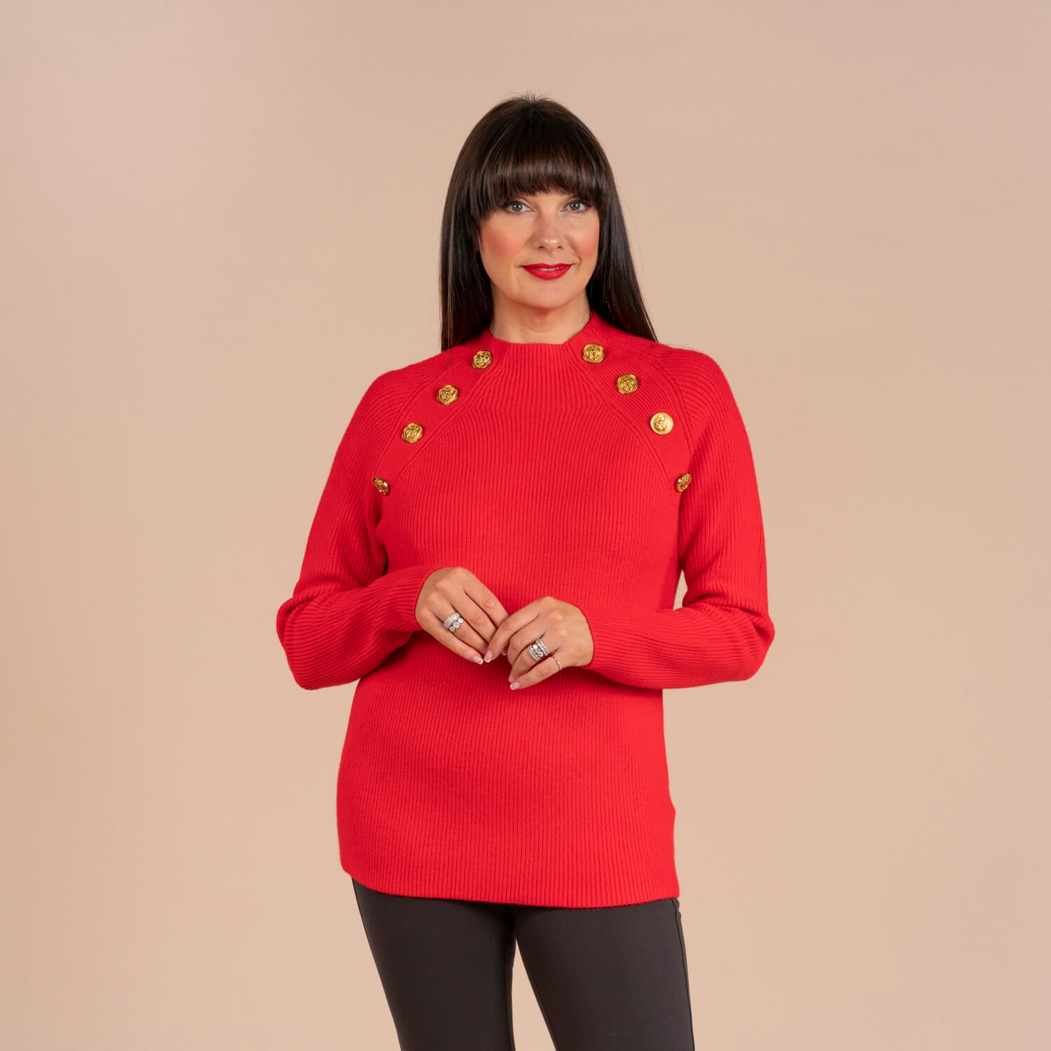 Double Button Plt Sweater - Red