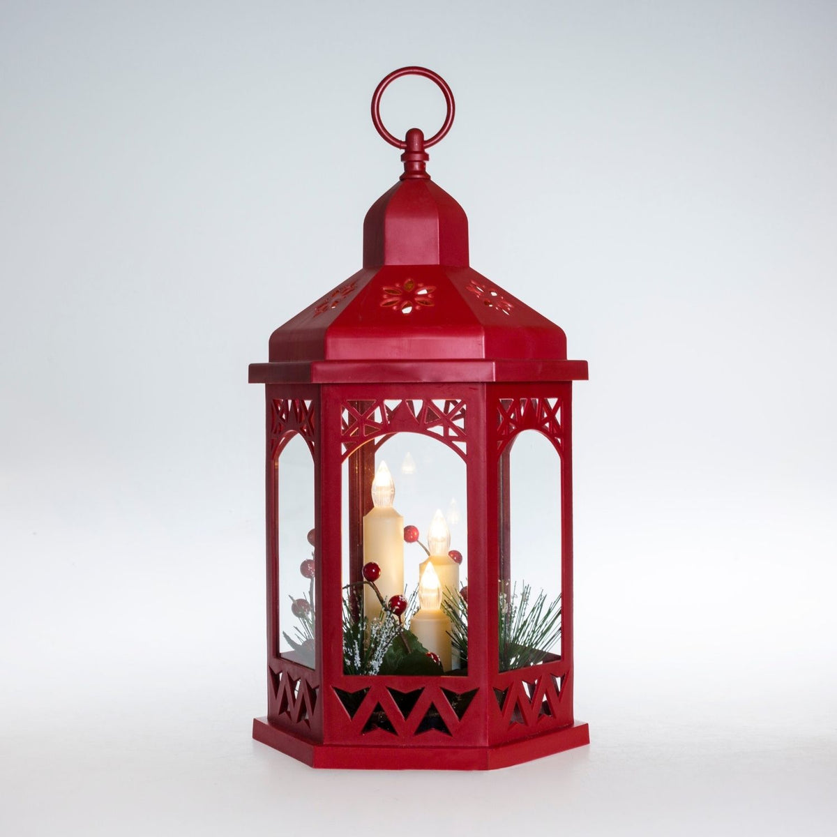 Lantern with Led Candles - Red - Size 33cm
