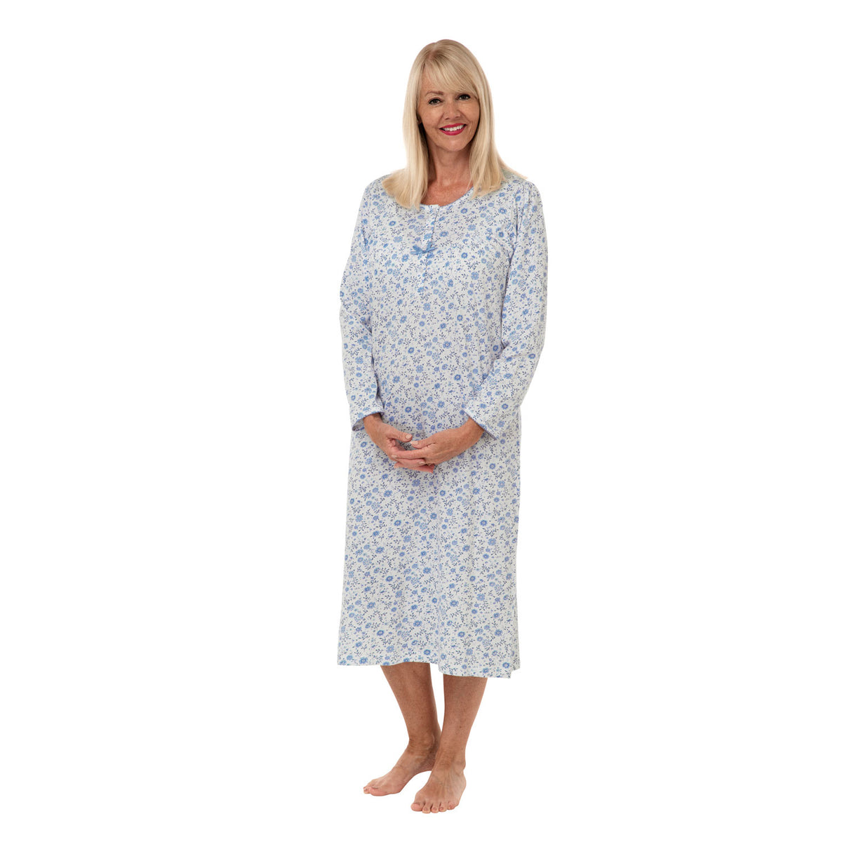 Danielle Floral Print Cotton Jersey Long Sleeve Nightdress - Denim